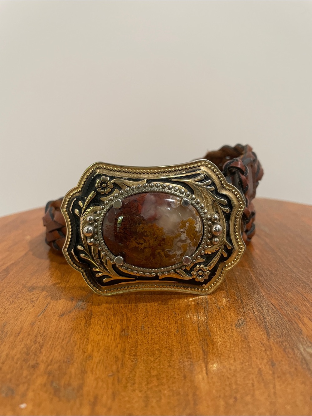 BEAUTIFUL! Vintage Brown Braided Leather Belt with Agate Stone Buckle - Picture 4 of 11